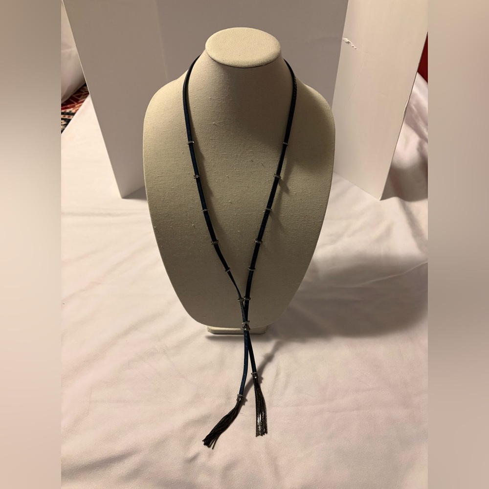 White House Black Market WHBM Silvertone & Navy Leather Tassel Necklace
